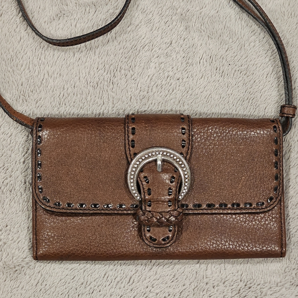 BRIGHTON Brown Leather Slim Crossbody Bag with Silver Buckle Wallet Organizer